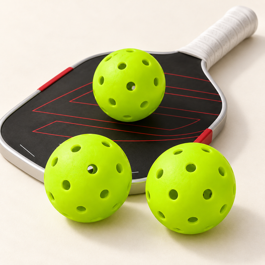 Trois balles de pickleball vertes au premier plan devant une raquette noire et rouge